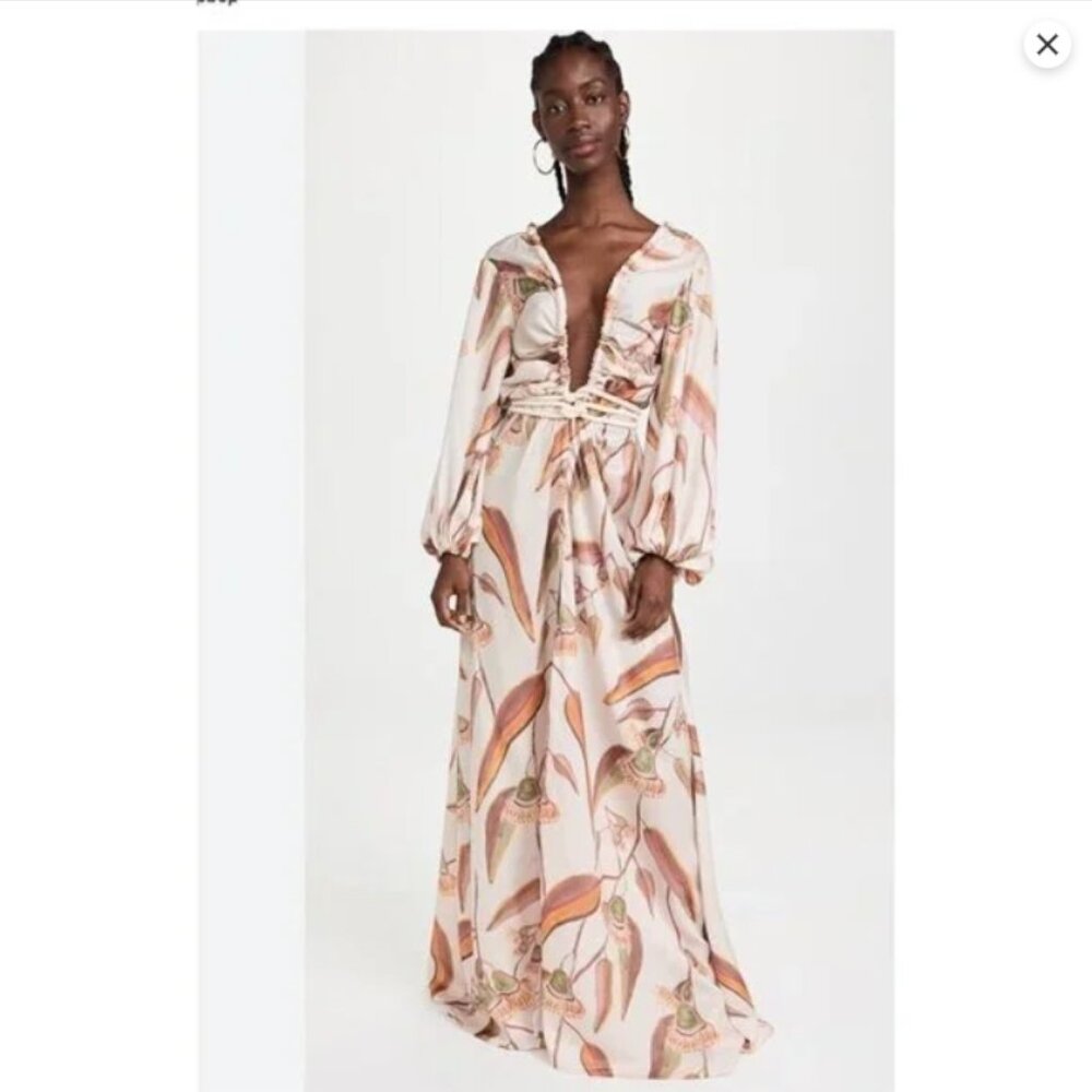 Andrea Iyamah Belted V-Neck Neema Robe Maxi Dress Ivory Floral - Size S/M